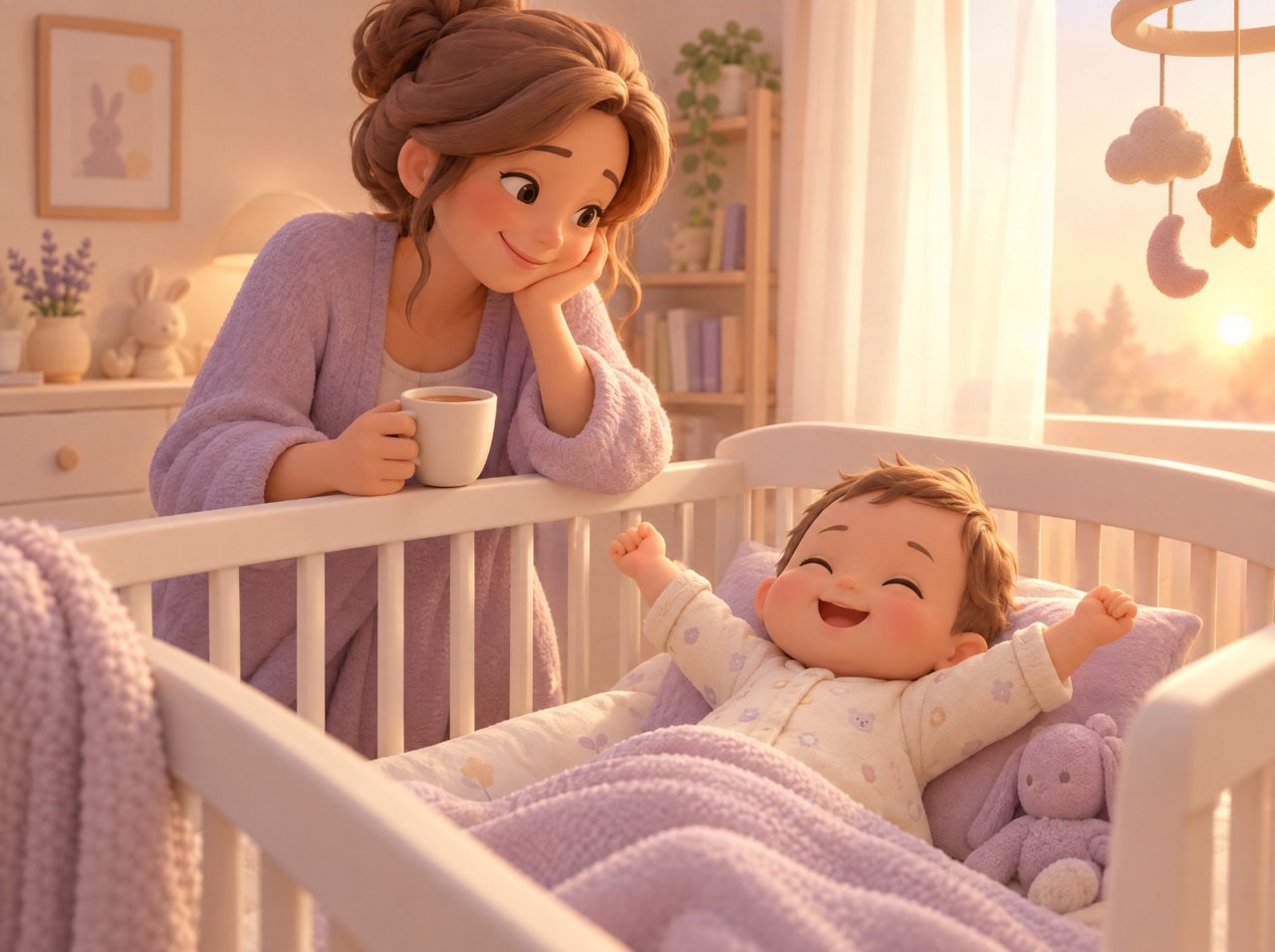 Sabah dinlenmiş uyanan bebek ve gülümseyen anne